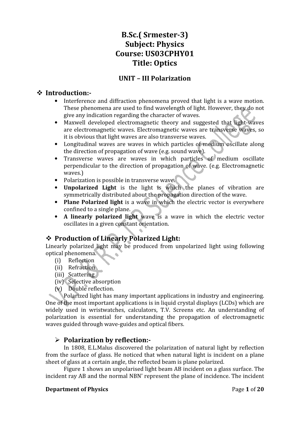 B.Sc.( Srmester-3) Subject: Physics Course: US03CPHY01 Title: Optics