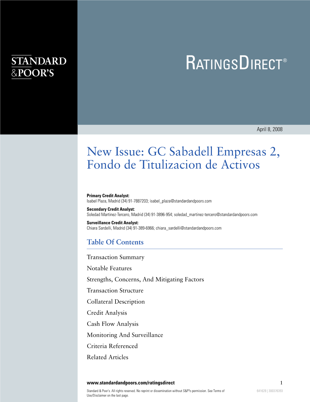 New Issue: GC Sabadell Empresas 2, Fondo De Titulizacion De Activos €1 Billion Floating-Rate Notes