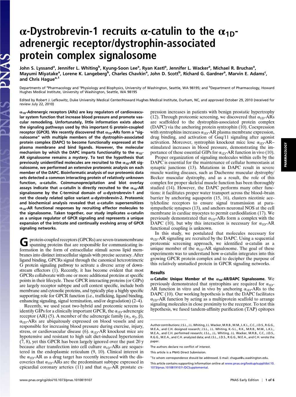 Α-Dystrobrevin-1 Recruits Α-Catulin to the Α1d- Adrenergic Receptor/Dystrophin-Associated Protein Complex Signalosome