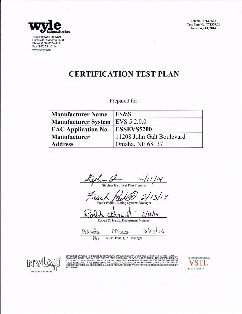 Page No. I Certification Test Plan T71379.01