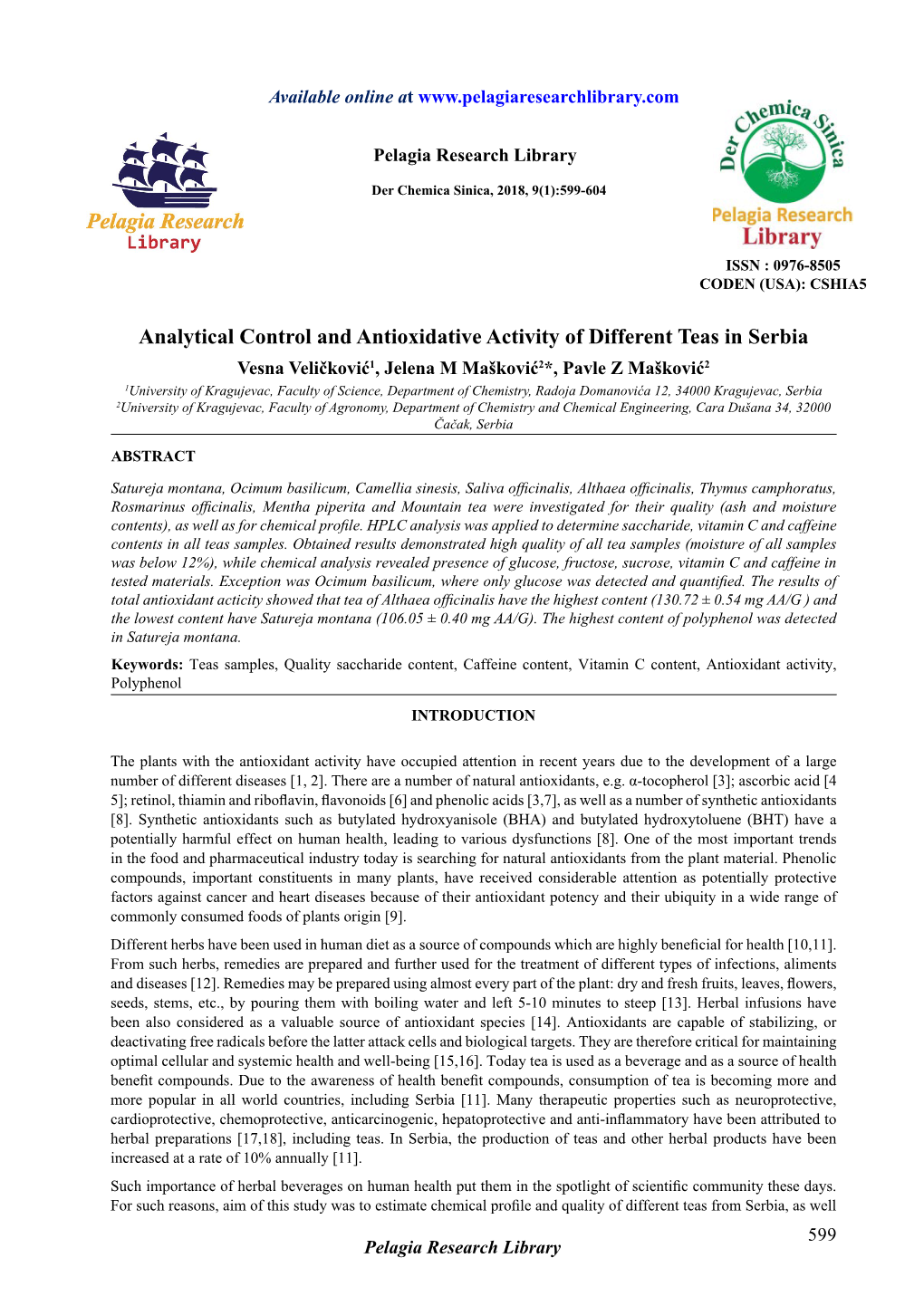 Analytical Control and Antioxidative Activity of Different Teas in Serbia