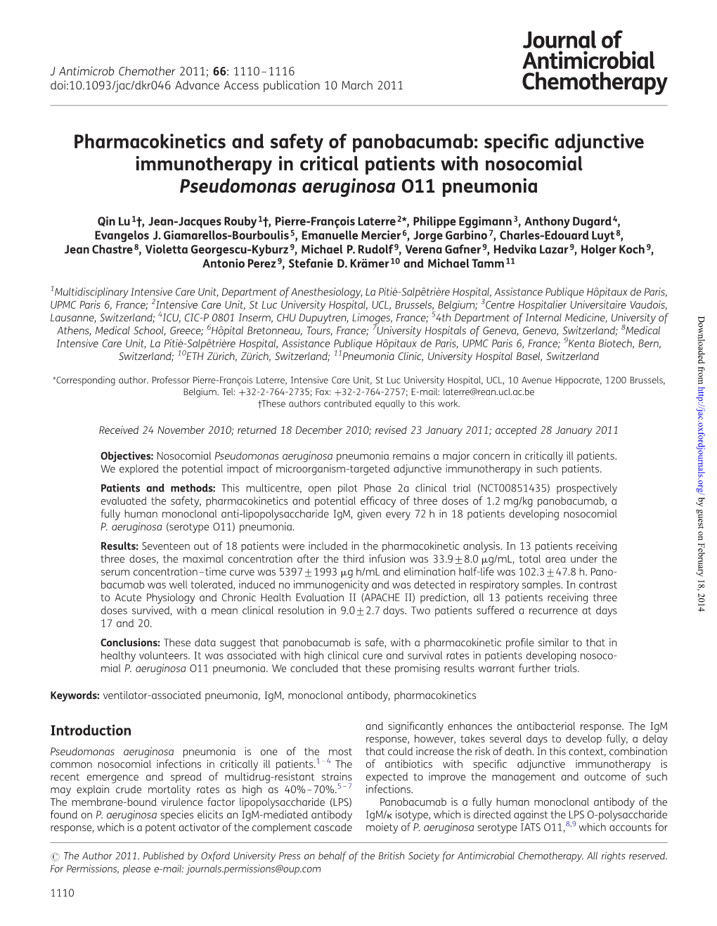 Pharmacokinetics and Safety of Panobacumab: Speciﬁc Adjunctive Immunotherapy in Critical Patients with Nosocomial Pseudomonas Aeruginosa O11 Pneumonia