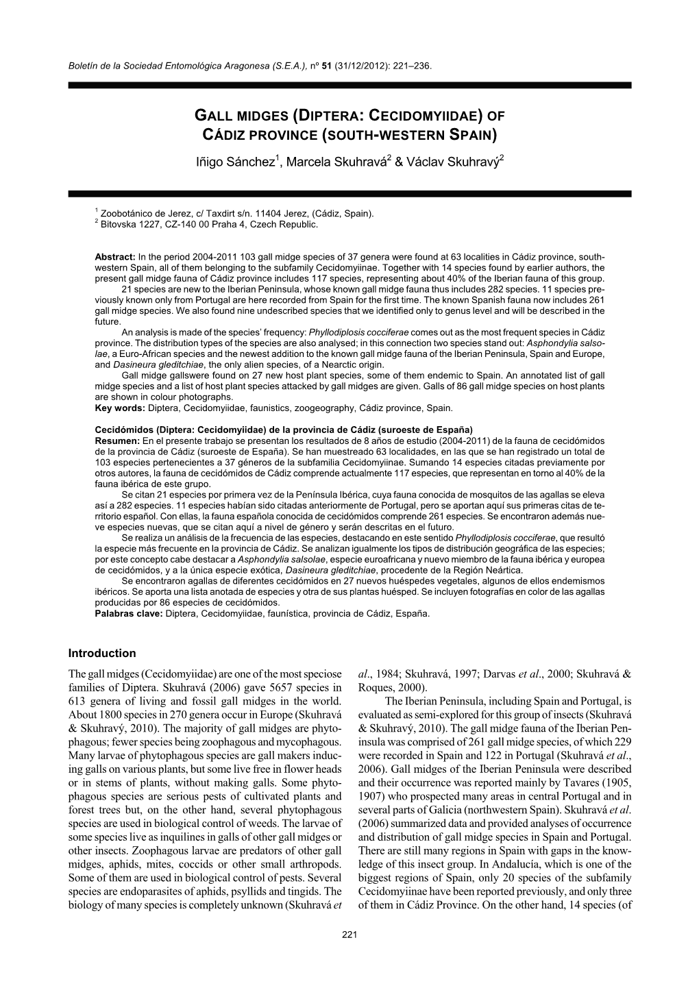 Gall Midges (Diptera: Cecidomyiidae) of Cádiz Province (South-Western Spain)