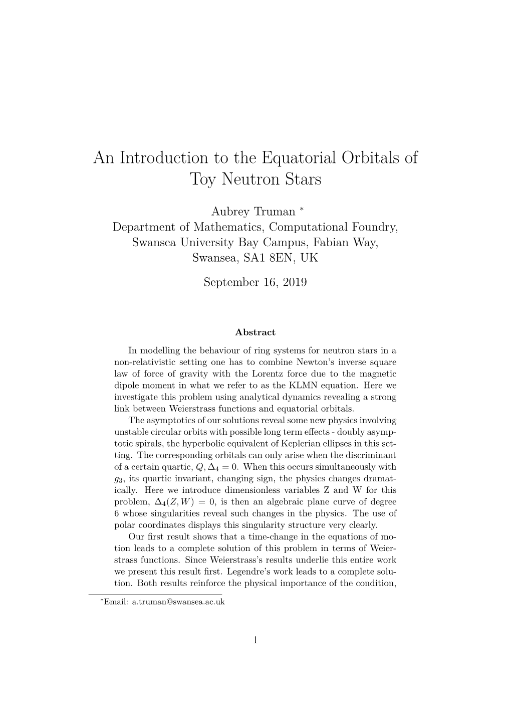 An Introduction to the Equatorial Orbitals of Toy Neutron Stars