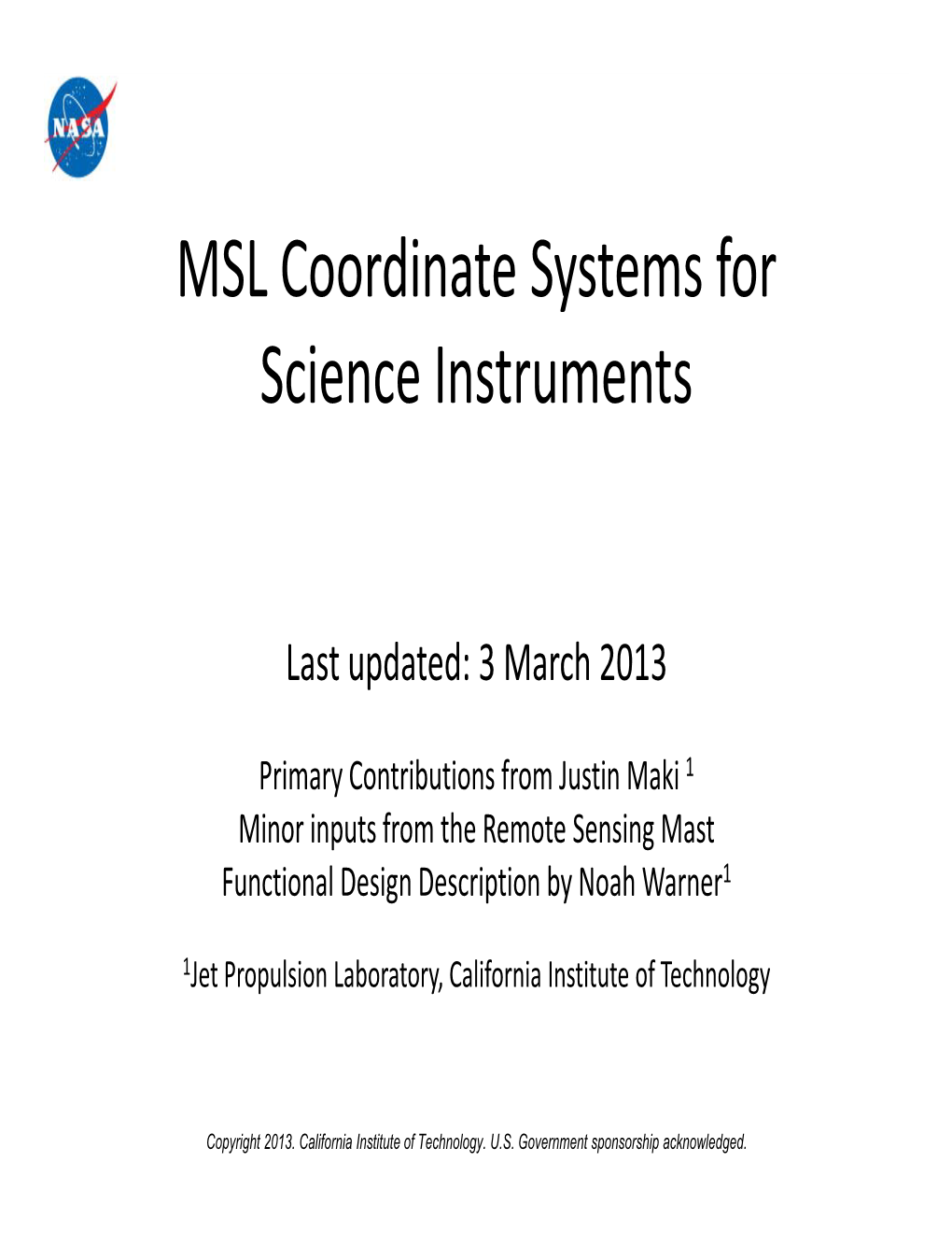 MSL Coordinate Systems for Science Instruments