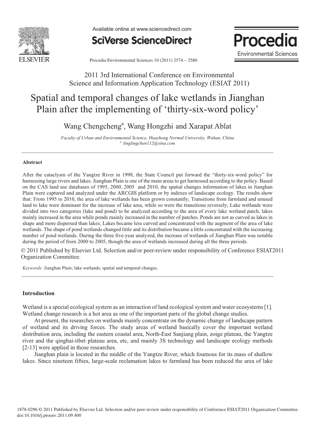 Spatial and Temporal Changes of Lake Wetlands in Jianghan Plain After the Implementing of ‘Thirty-Six-Word Policy’