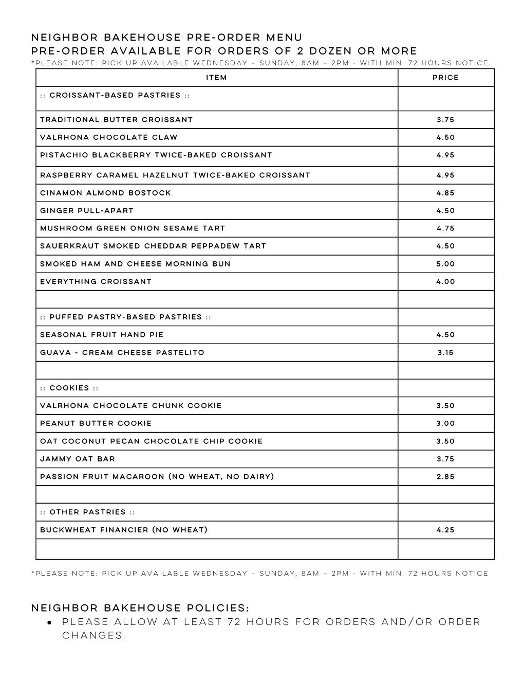 Neighbor Bakehouse Pre-Order Menu Summer 2019