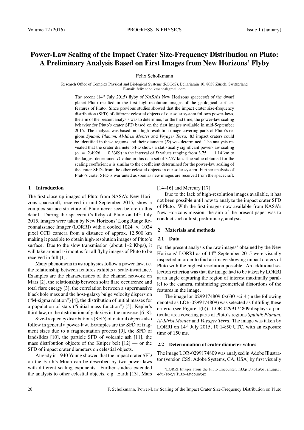 Power-Law Scaling of the Impact Crater Size-Frequency Distribution on Pluto: a Preliminary Analysis Based on First Images from New Horizons’ Flyby