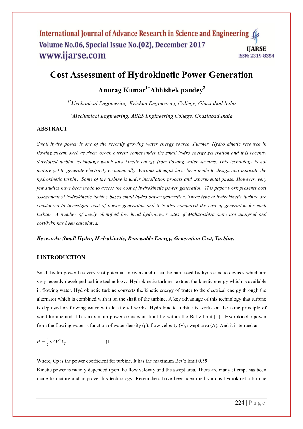 Cost Assessment of Hydrokinetic Power Generation