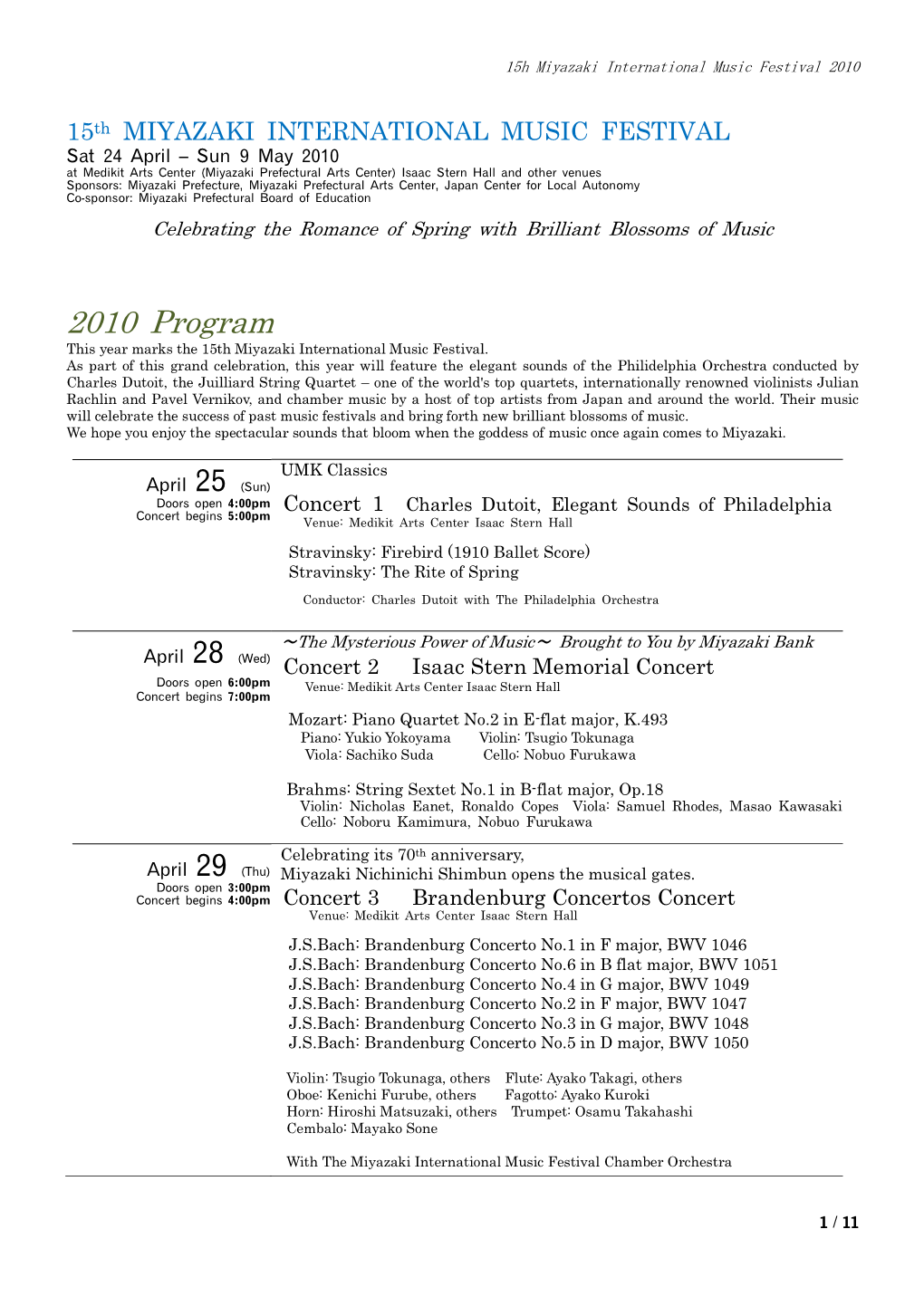 2010 Program This Year Marks the 15Th Miyazaki International Music Festival