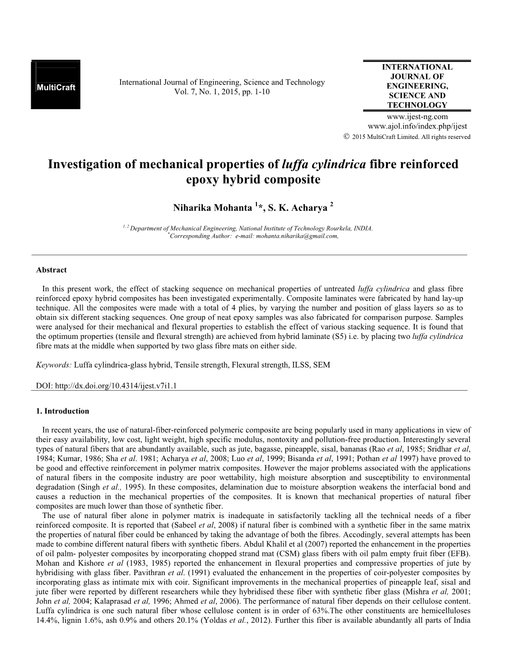 Investigation of Mechanical Properties of Luffa Cylindrica Fibre Reinforced Epoxy Hybrid Composite