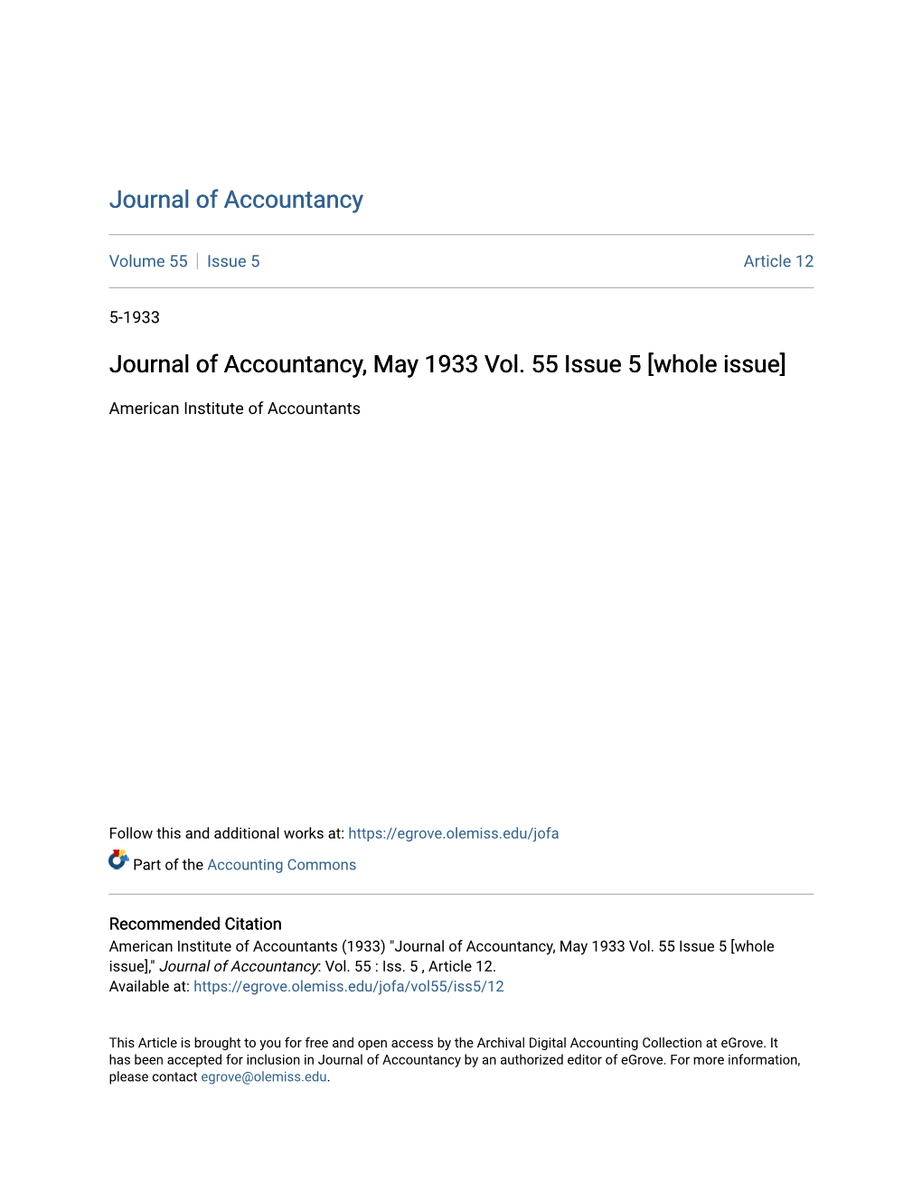 Journal of Accountancy, May 1933 Vol. 55 Issue 5 [Whole Issue]