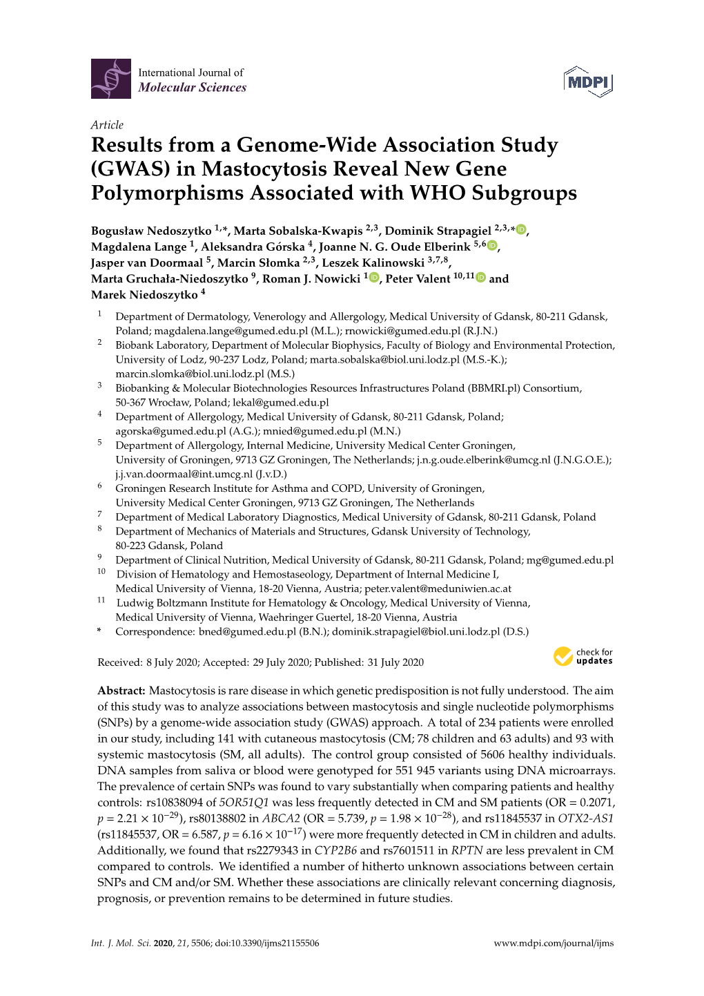 Results from a Genome-Wide Association Study (GWAS) in Mastocytosis Reveal New Gene Polymorphisms Associated with WHO Subgroups