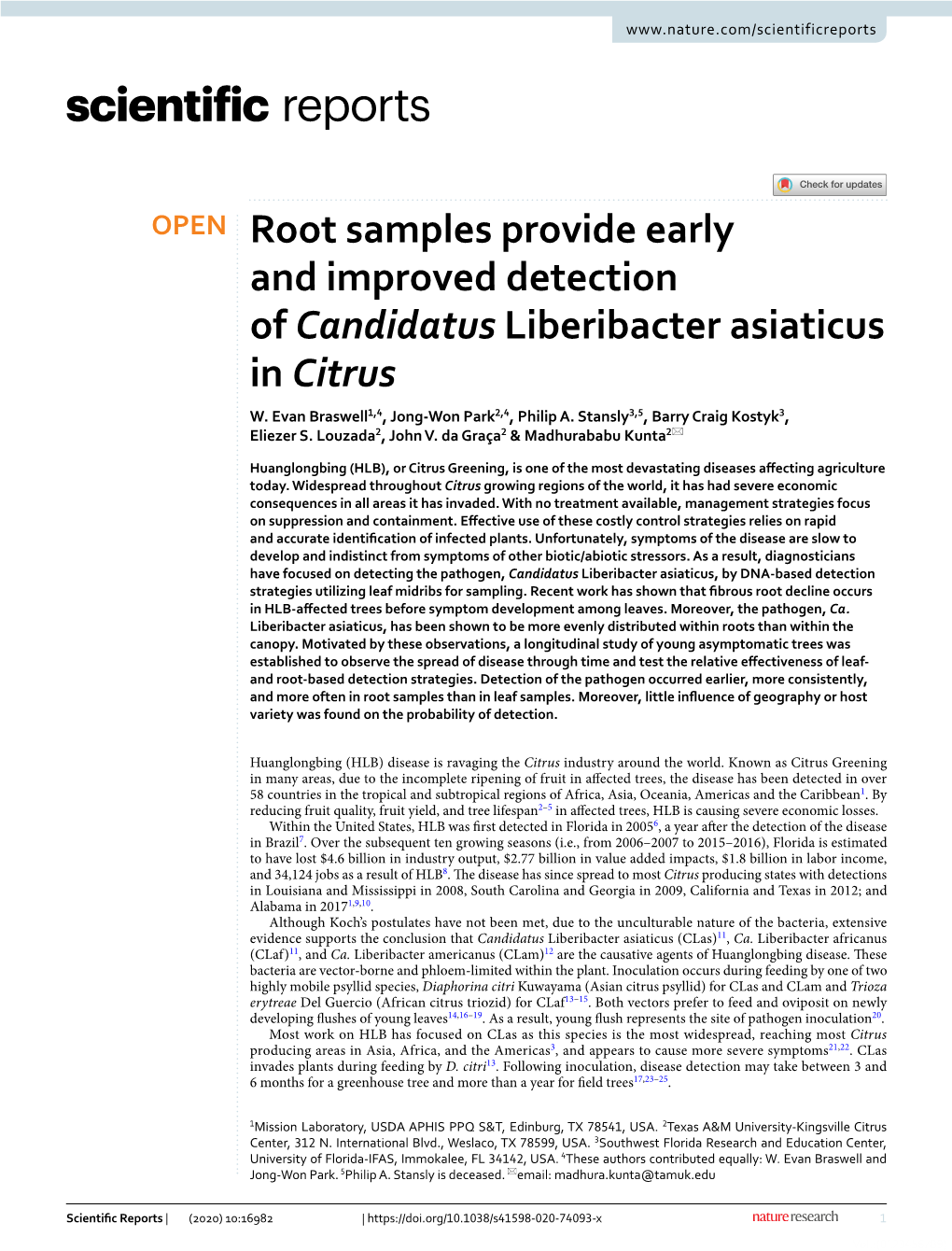 Root Samples Provide Early and Improved Detection of Candidatus Liberibacter Asiaticus in Citrus W