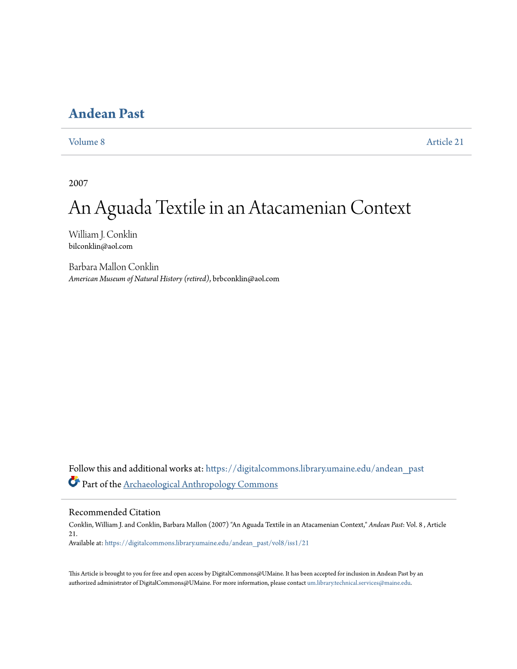 An Aguada Textile in an Atacamenian Context William J