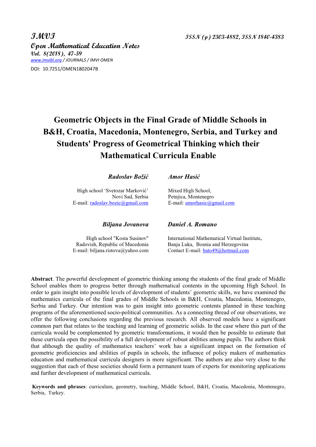 Geometric Objects in the Final Grade of Middle Schools in B&H, Croatia