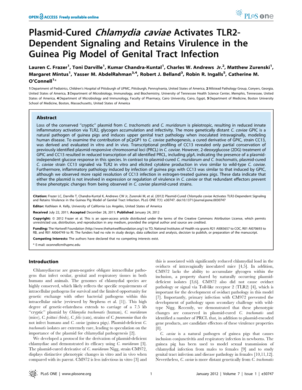 Plasmid-Cured Chlamydia Caviae Activates TLR2- Dependent Signaling and Retains Virulence in the Guinea Pig Model of Genital Tract Infection