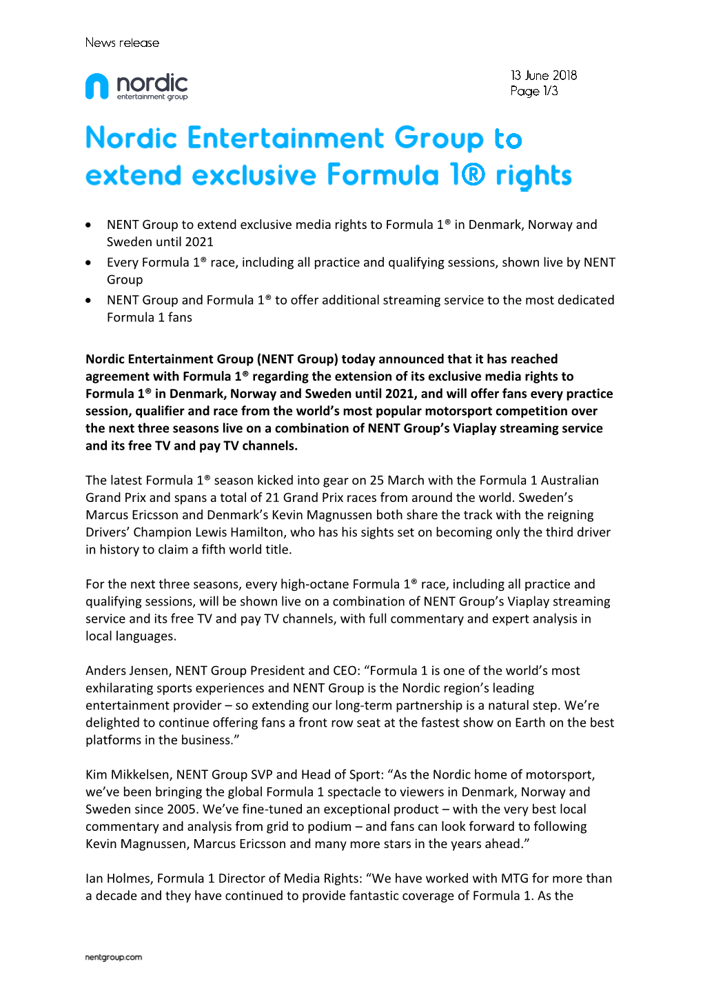 • NENT Group to Extend Exclusive Media Rights to Formula 1® In
