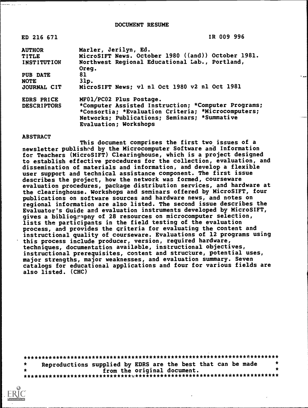 Microsift News. October 1980 ((And)) October 1981. INSTITUTION Northwest Regional Educational Lab., Portland, Oreg