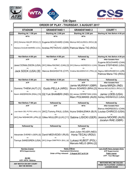 Citi Open ORDER of PLAY - THURSDAY, 3 AUGUST 2017
