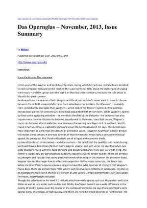 Das Opernglas – November, 2013, Issue Summary