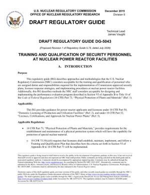 Draft Regulatory Guide (DG)-5043, Training and Qualification Of