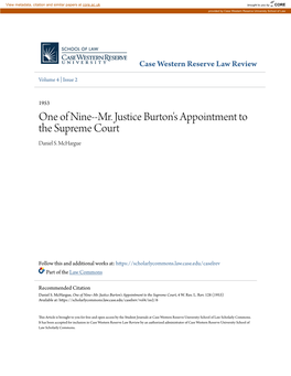 Mr. Justice Burton's Appointment to the Supreme Court Daniel S