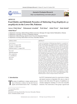 Food Habits and Helminth Parasites of Skittering Frog (Euphlyctis Cy- Anophlyctis) in the Lower Dir, Pakistan