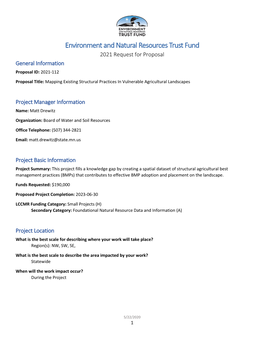 Environment and Natural Resources Trust Fund 2021 Request for Proposal General Information Proposal ID: 2021-112