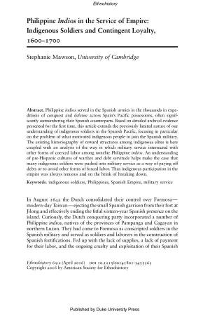 Philippine Indios in the Service of Empire: Indigenous Soldiers and Contingent Loyalty, 1600–1700