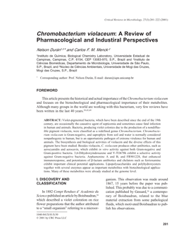 Chromobacterium Violaceum: a Review of Pharmacological and Industiral Perspectives