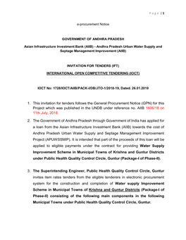 1. This Invitation for Tenders Follows the General Procurement Notice (GPN) for This Project Which Was Published in the UNDB Under Reference No