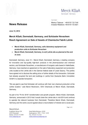 Merck Kgaa, Darmstadt, Germany, and Schüssler Novachem Reach Agreement on Sale of Assets of Chemische Fabrik Lehrte