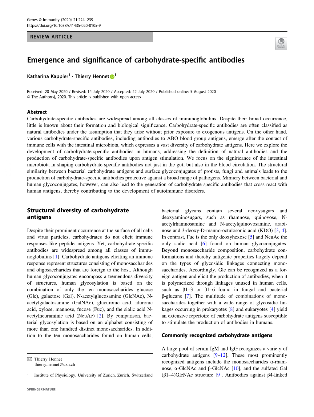 Emergence and Significance of Carbohydrate-Specific Antibodies