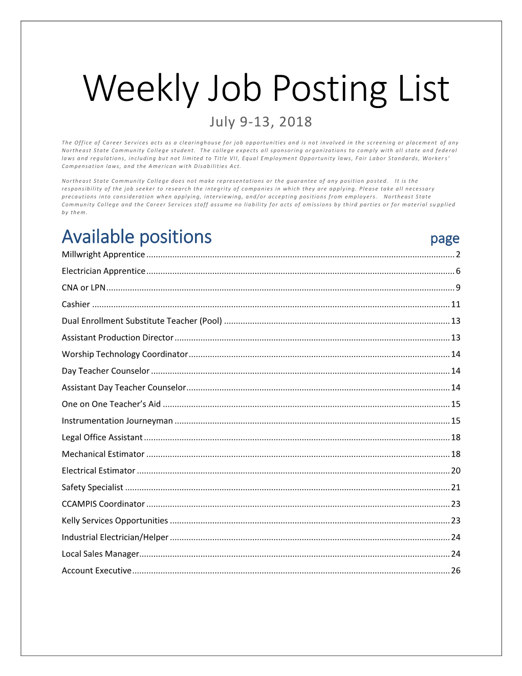 Weekly Job Posting List July 9-13, 2018