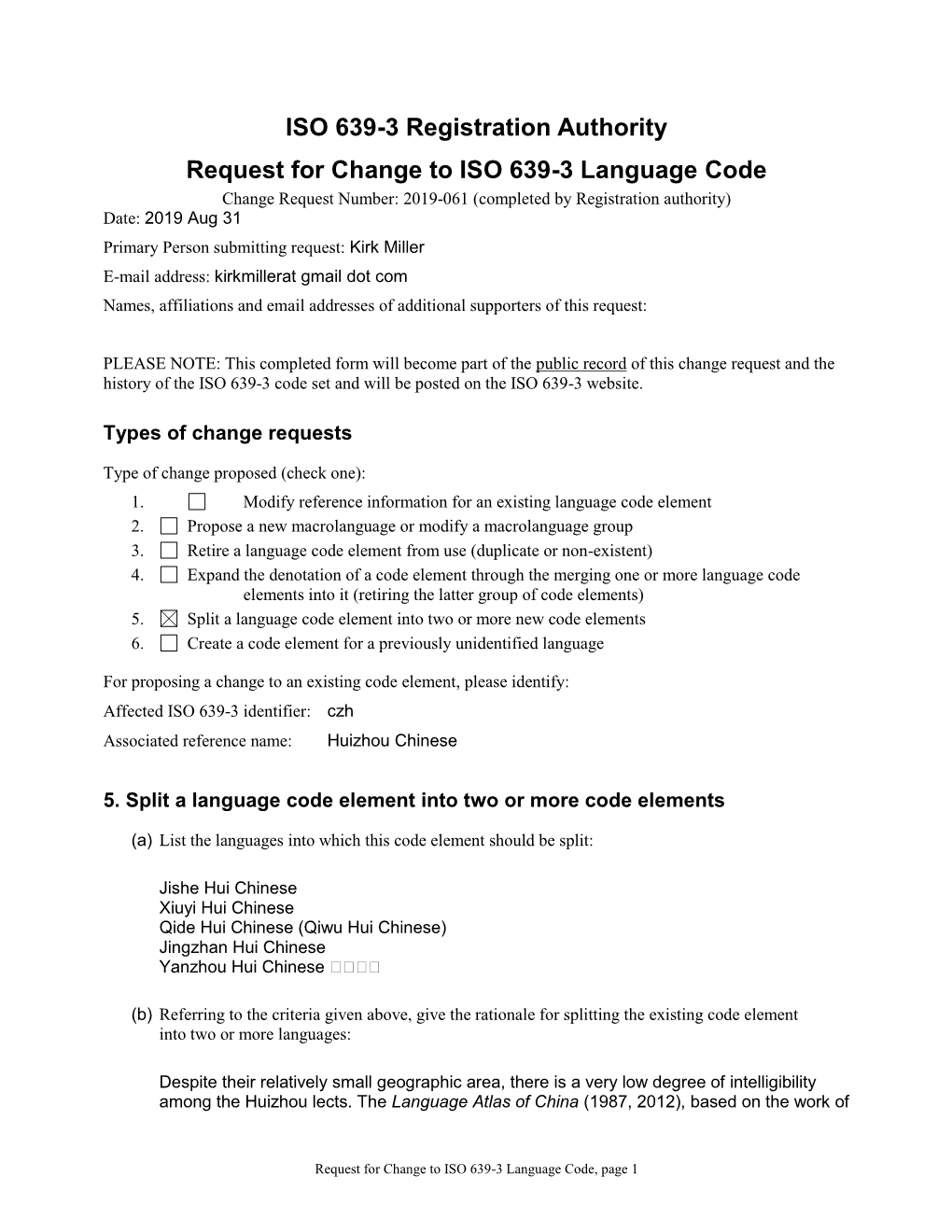 ISO 639-3 Code Split Request Template