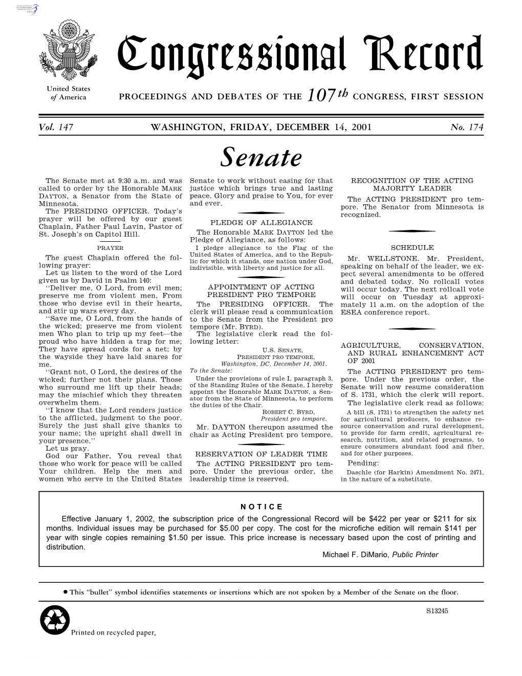 Congressional Record United States of America PROCEEDINGS and DEBATES of the 107Th CONGRESS, FIRST SESSION