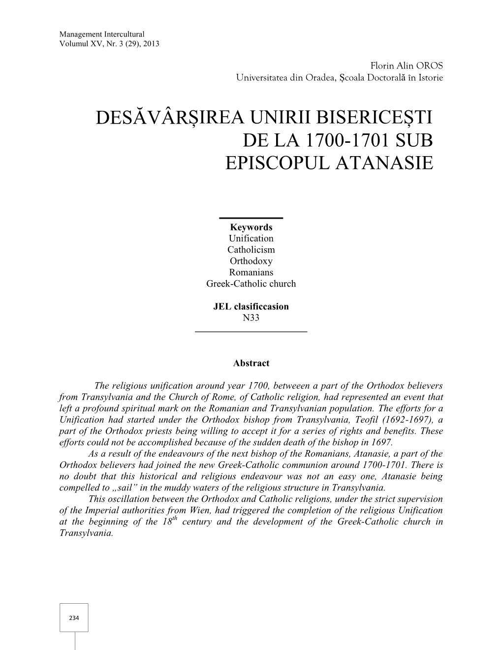 Desăvârșirea Unirii Bisericești De La 1700-1701 Sub Episcopul Atanasie