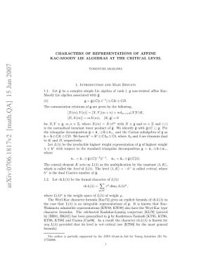 Characters of Representations of Affine Kac-Moody Lie Algebras at The