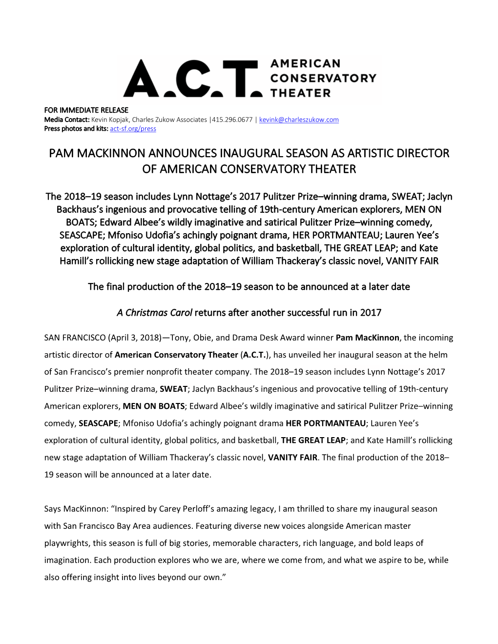 Pam Mackinnon Announces Inaugural Season As Artistic Director of American Conservatory Theater