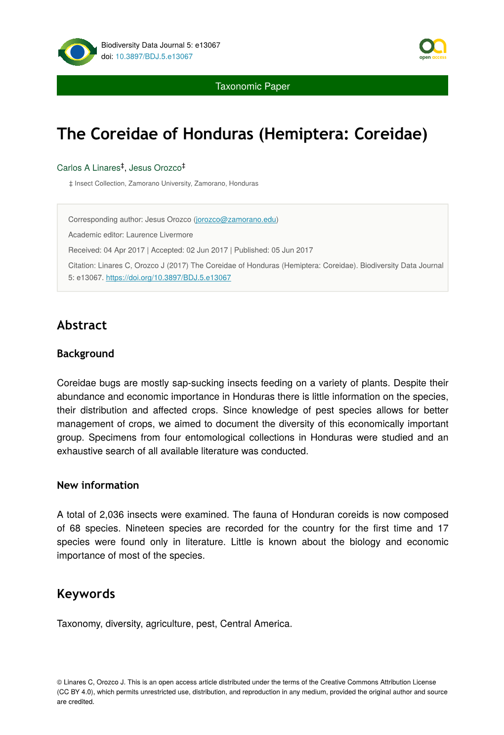 The Coreidae of Honduras (Hemiptera: Coreidae)