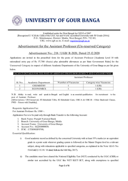 Advertisement for the Post of Assistant Professor (Un-Reserved Category)