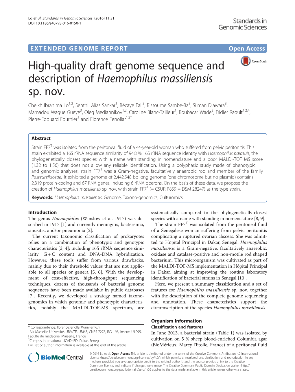 High-Quality Draft Genome Sequence and Description of Haemophilus Massiliensis Sp