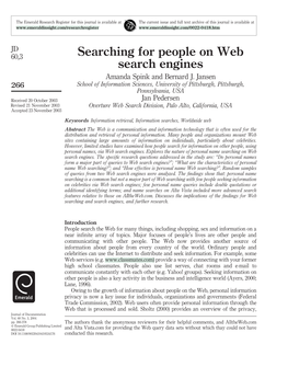 Searching for People on Web Search Engines Amanda Spink and Bernard J