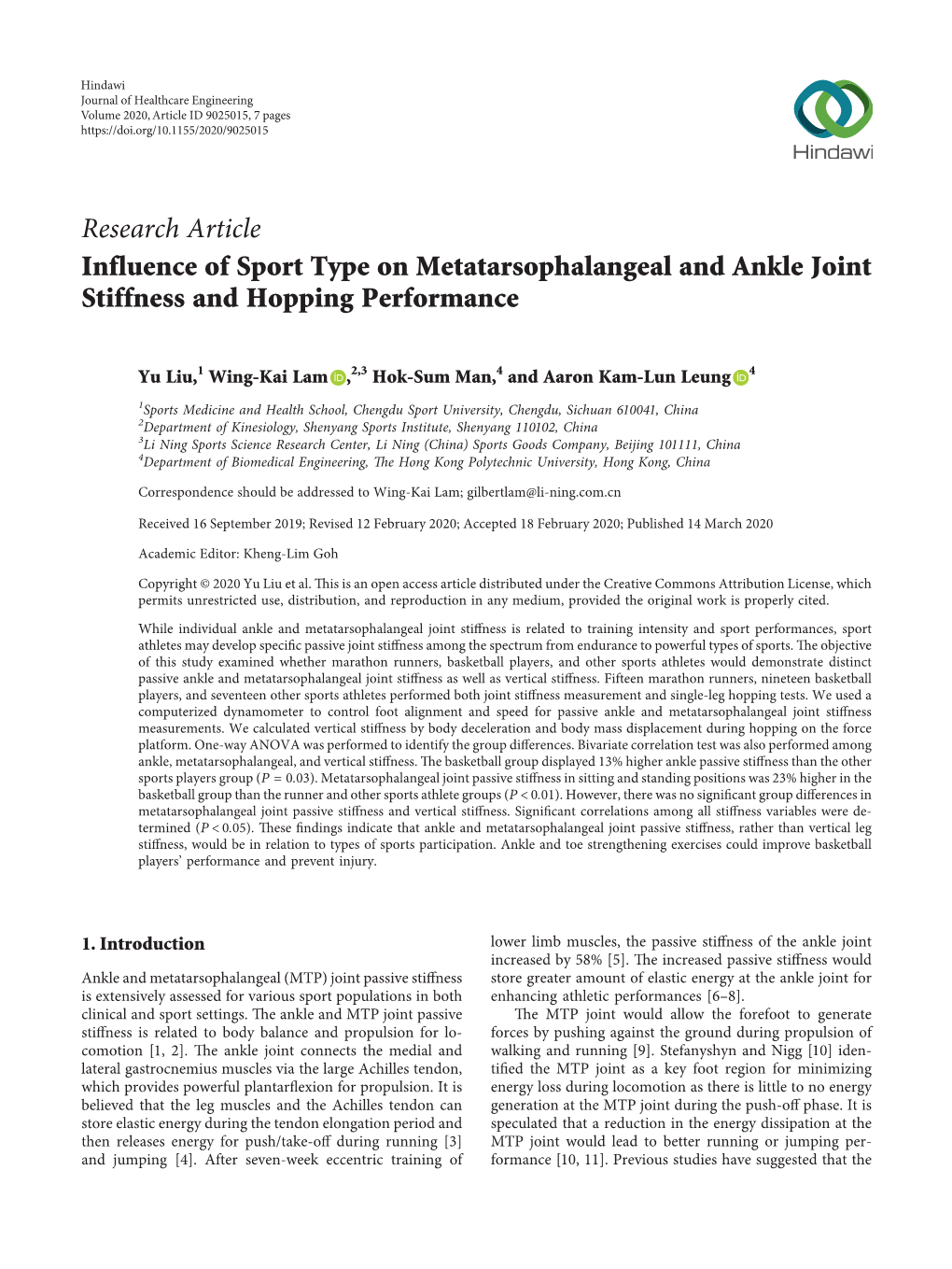 Research Article Influence of Sport Type on Metatarsophalangeal and Ankle Joint Stiffness and Hopping Performance