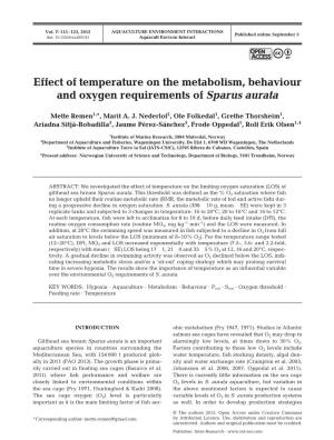 Effect of Temperature on the Metabolism, Behaviour and Oxygen Requirements of Sparus Aurata