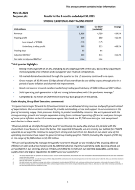 May 19, 2021 Ferguson Plc: Results for the 3 Months Ended April 30, 2021