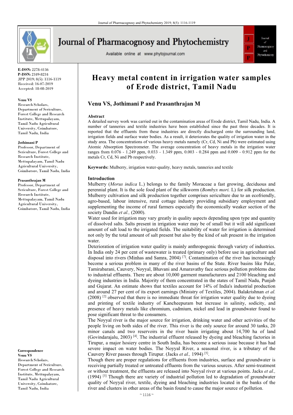 Heavy Metal Content in Irrigation Water Samples of Erode District, Tamil Nadu