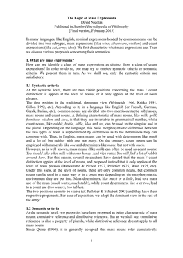 The Logic of Mass Expressions David Nicolas Published in Stanford Encyclopedia of Philosophy [Final Version, February 2013]