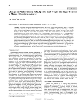 Changes in Photosynthetic Rate, Specific Leaf Weight and Sugar Contents in Mango (Mangifera Indica L.)